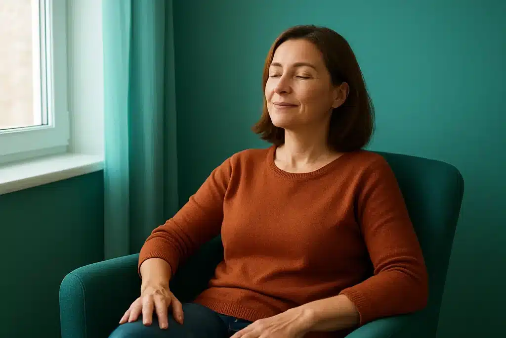 Femme détendue après une séance d’hypnose à paris 15 pour fatigue mentale