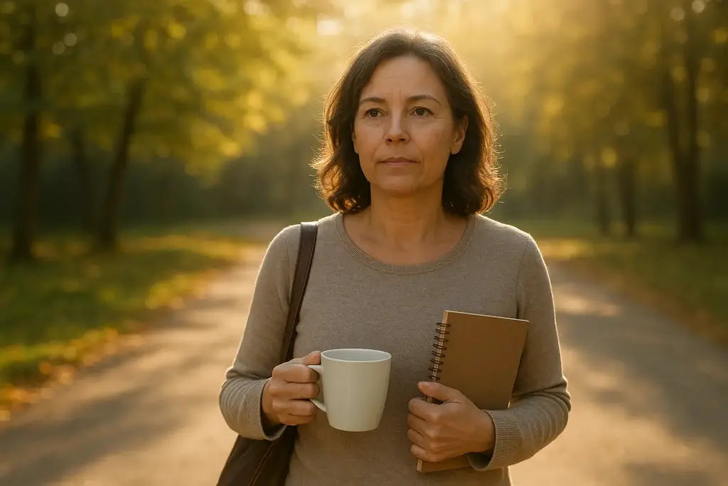 Femme en questionnement qui marche sur son chemin