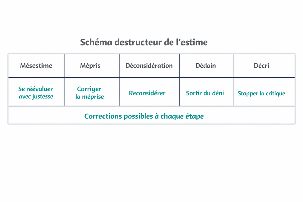 Le schéma destructeur de l'estime : à chaque étape une correction possible pour restaurer son bien-être