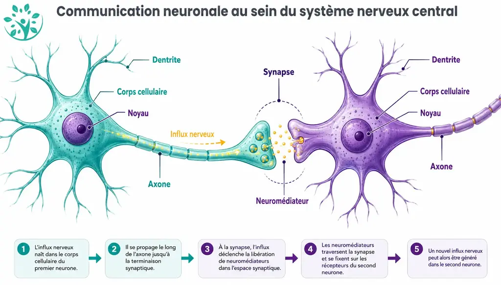 Infographie d'une connexion neuronale active : flux électrique et neurotransmédiateur sont visibles
